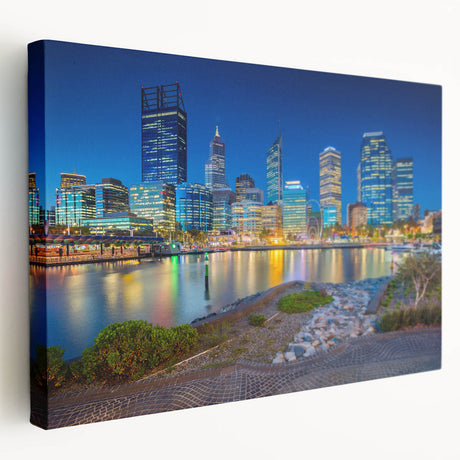 Large canvas print of Perth skyline in muted blue and green tones, ideal for kitchen wall art.