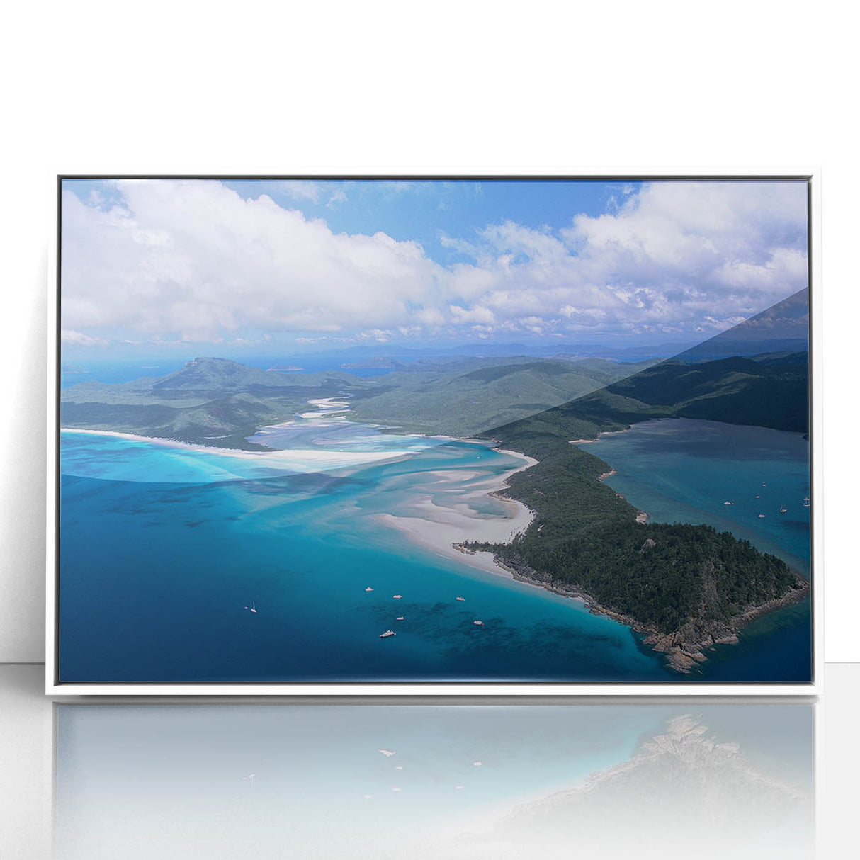 Art deco poster of Queensland, Australia scenery in muted pastel shades on a framed acrylic.