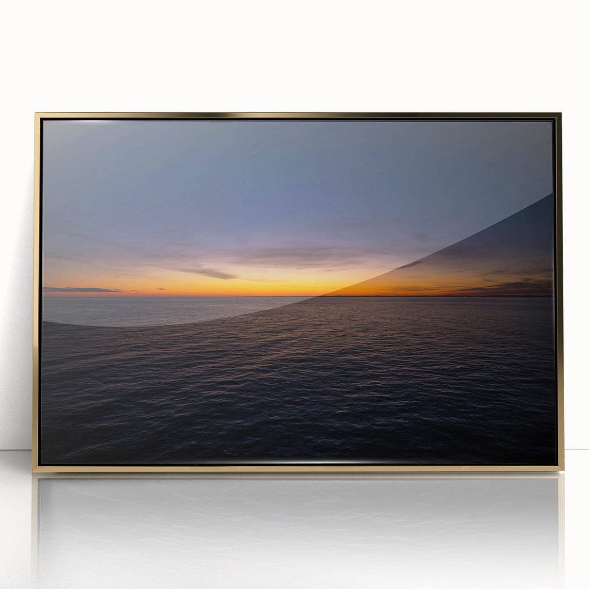 Large art print of New Brunswick scenery in mid-century modernist style, framed in acrylic with gold tones.