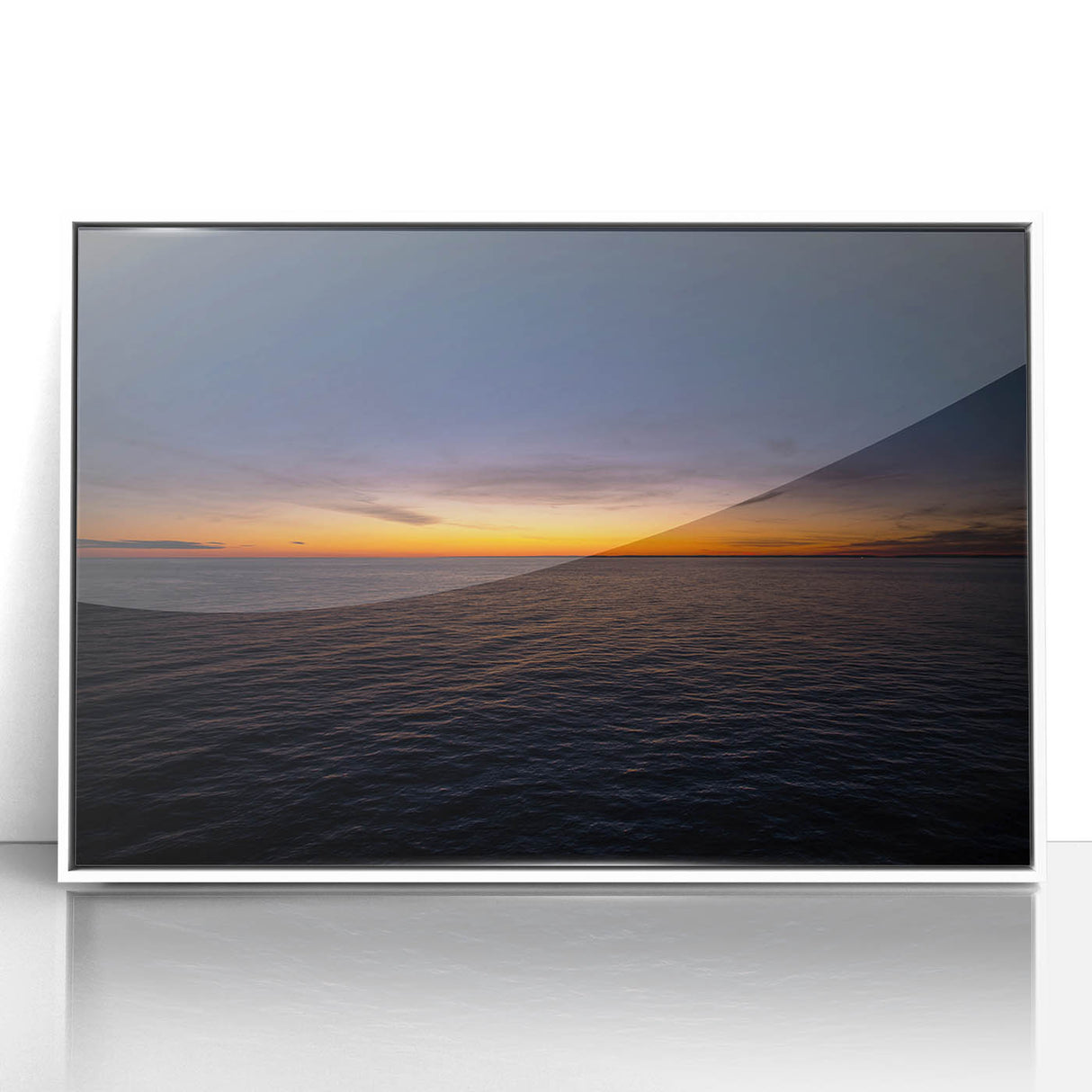 Art deco poster featuring a serene New Brunswick landscape in pastel shades, framed in white acrylic.