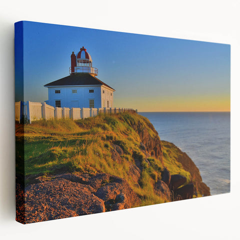 Scenic Newfoundland landscape on large stretched canvas with lush green and blue tones, suitable for kitchen wall art.