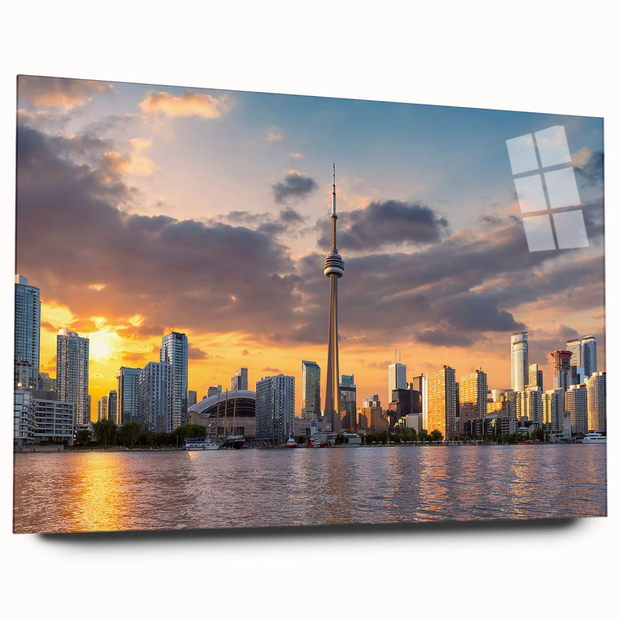 Large abstract wall art depicting a serene Ontario landscape in soft blue and green tones, printed on acrylic glass.