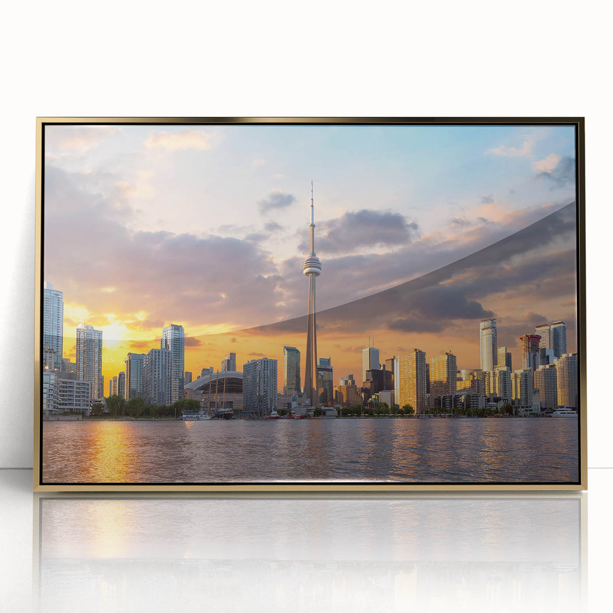 Large art print of Ontario, Canada scenery on a framed acrylic, featuring mid-century modernist gold tones.