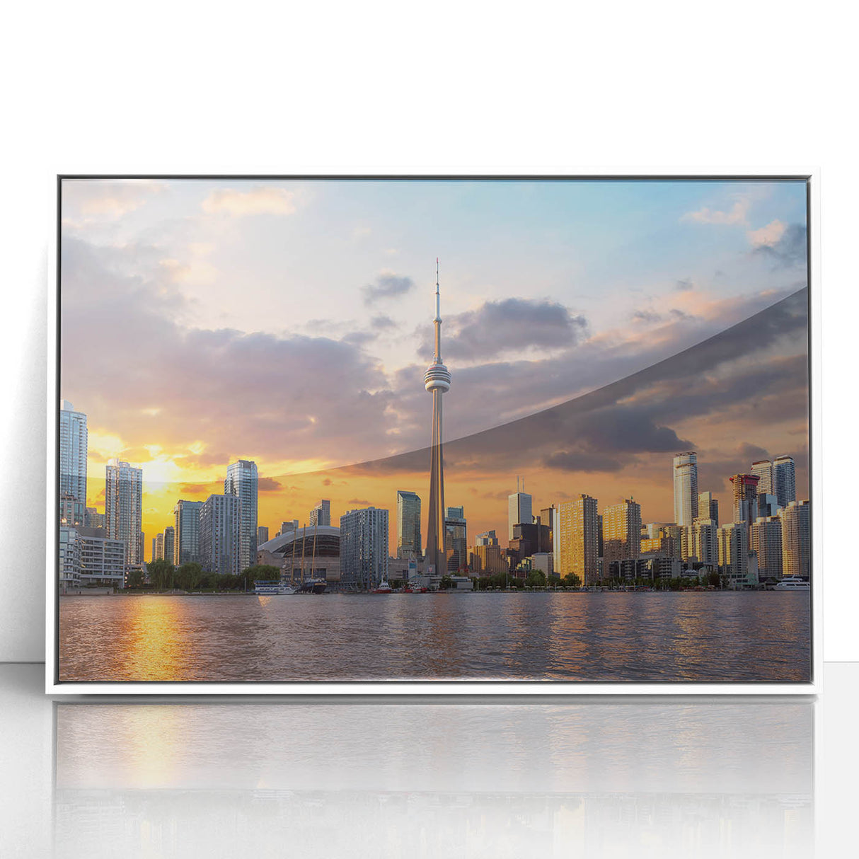 Art deco poster of Ontario scenery in muted blues and greens on white acrylic, ideal for modern nursery wall art.