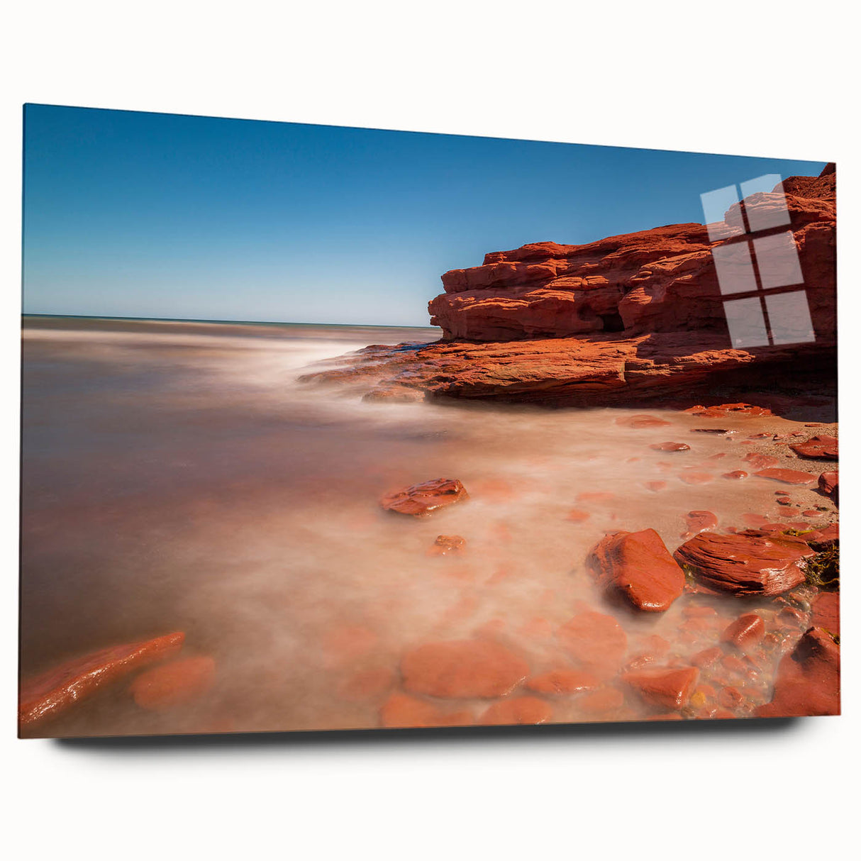 Acrylic print of a large abstract depiction of Prince Edward, Canada, in muted earth tones.