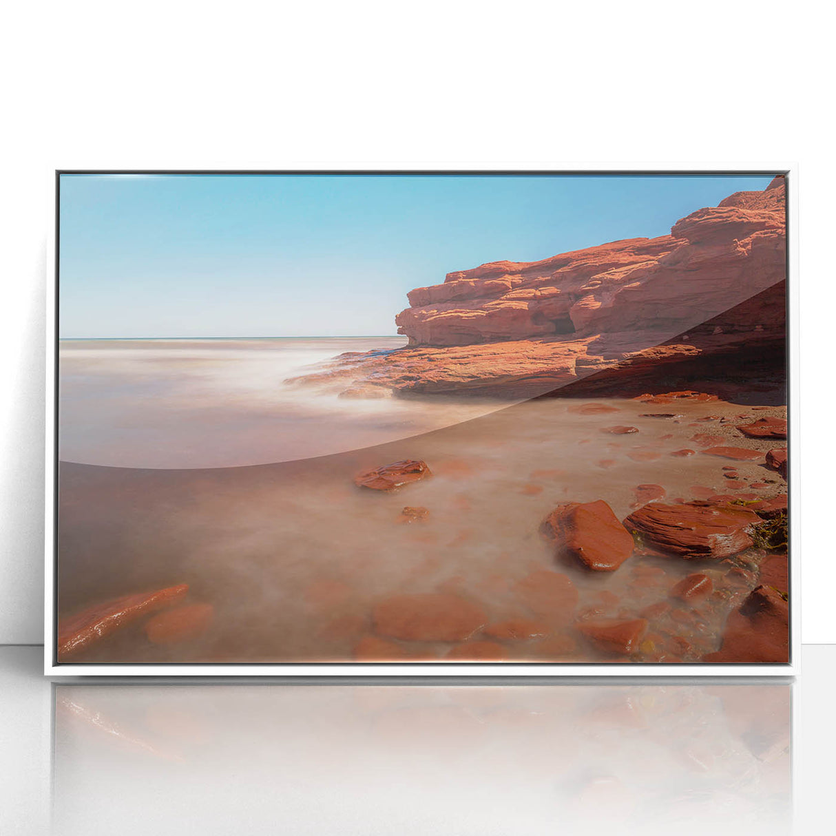 Art deco poster of Prince Edward, Canada scenery in muted colors on white framed acrylic, suitable for modern nursery decor.