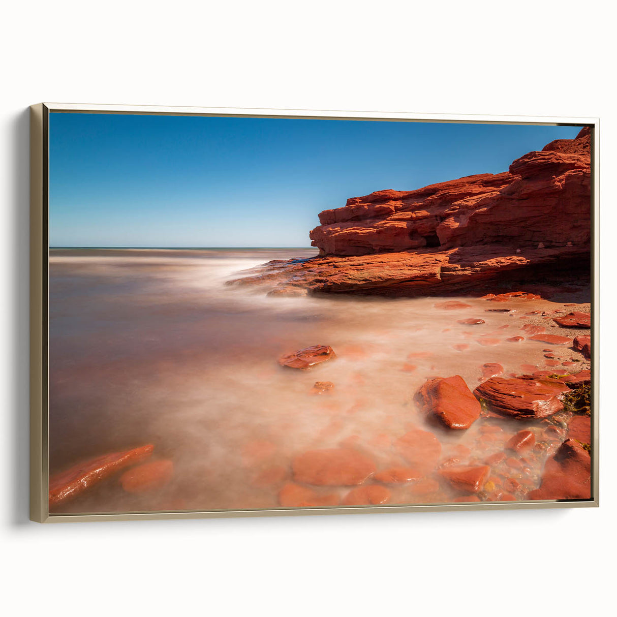 Framed canvas featuring a vintage poster art style landscape of Prince Edward, Canada in muted earth tones.