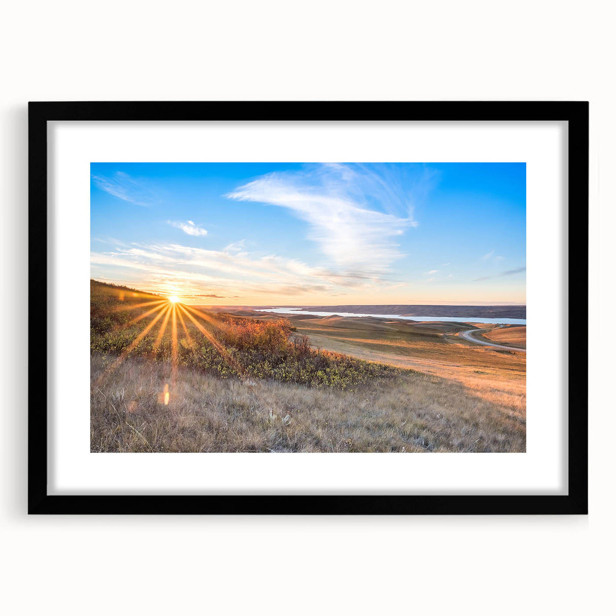 Extra large textured abstract art print depicting vibrant, colorful scenery of Saskatchewan, in a black frame with mat.