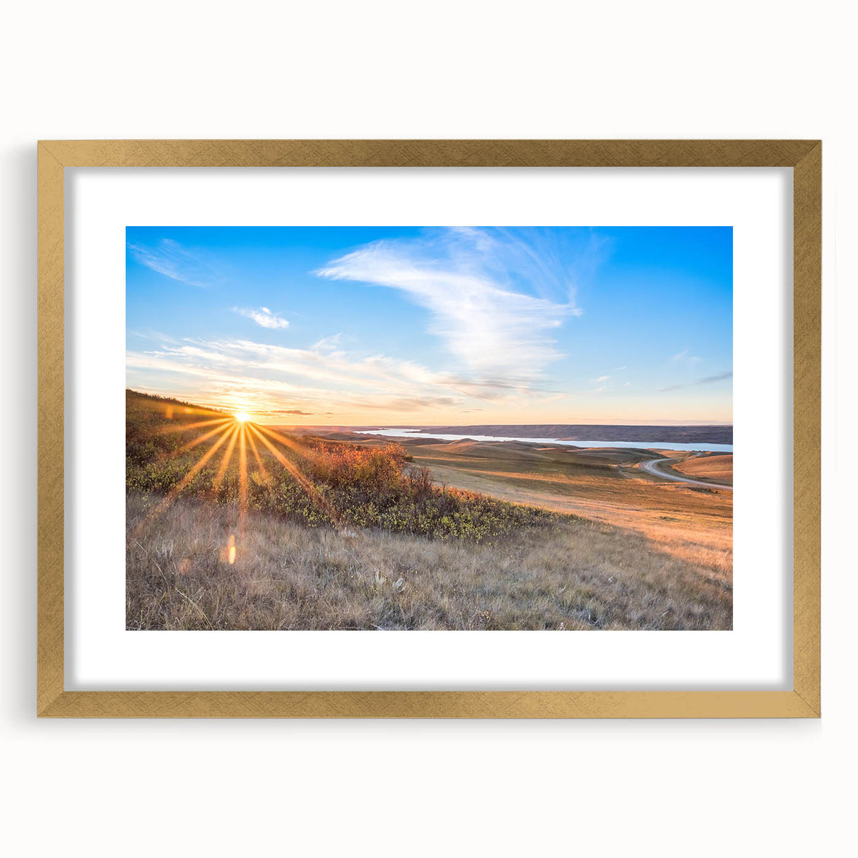 Extra large abstract art print of a textured Saskatchewan scenery in a gold frame, ideal for living room decor.