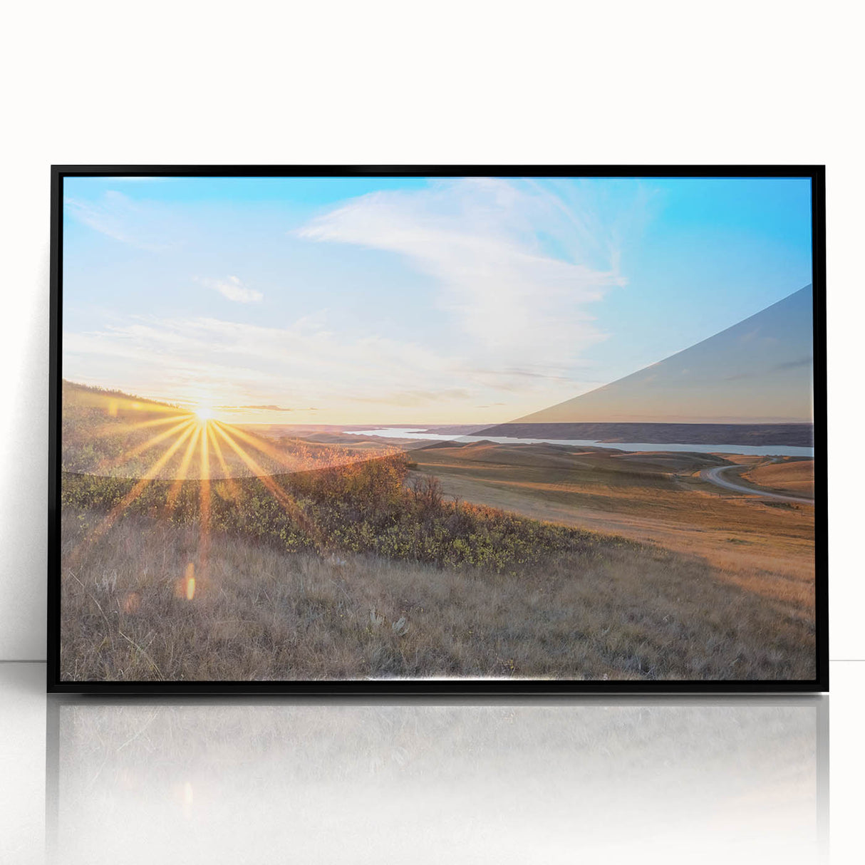 Large abstract wall art depicting vibrant multicolored geometric shapes on acrylic, framed in black.