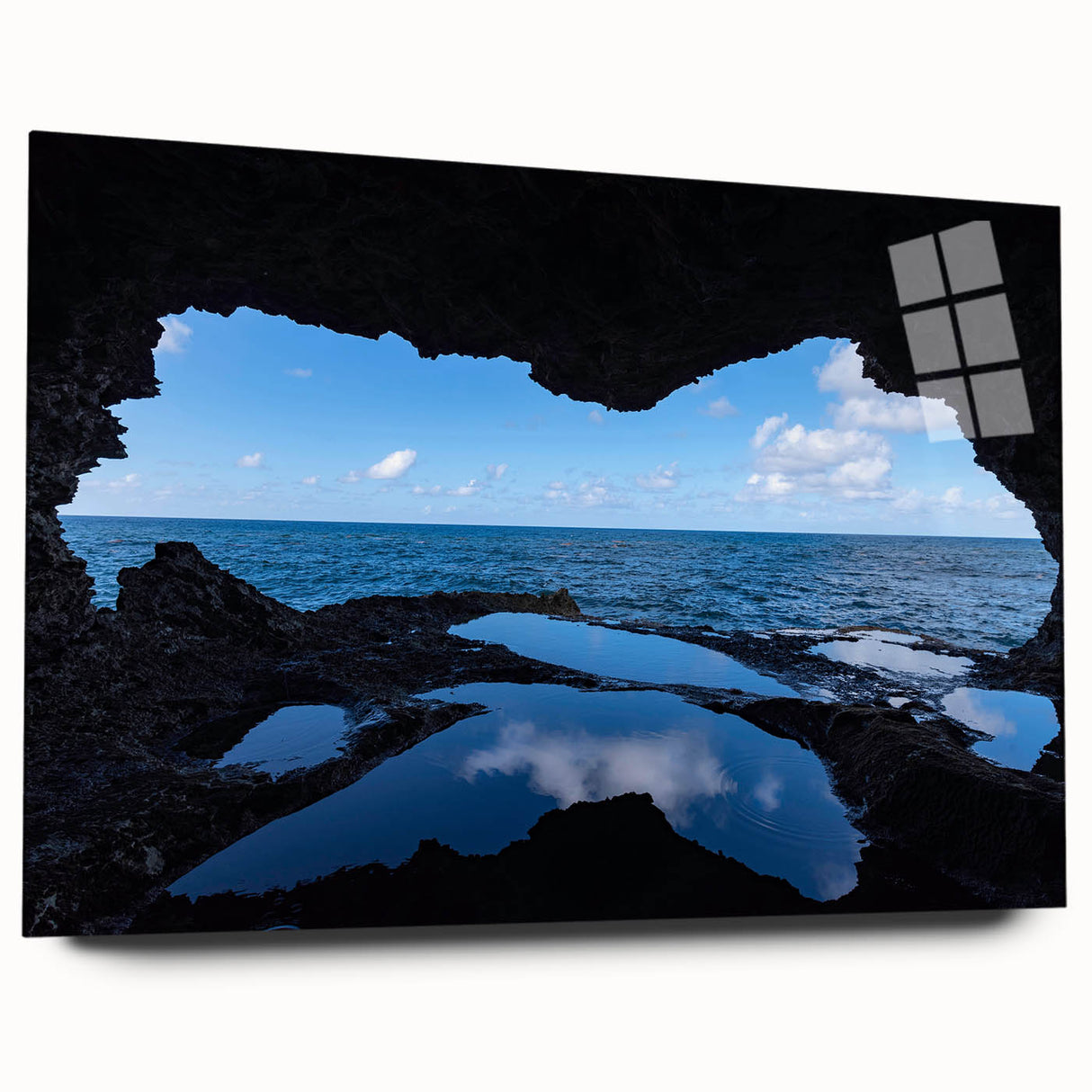 Acrylic print of a large abstract Barbados beach scene in vibrant blue and turquoise, ideal for bedroom or dining room art.