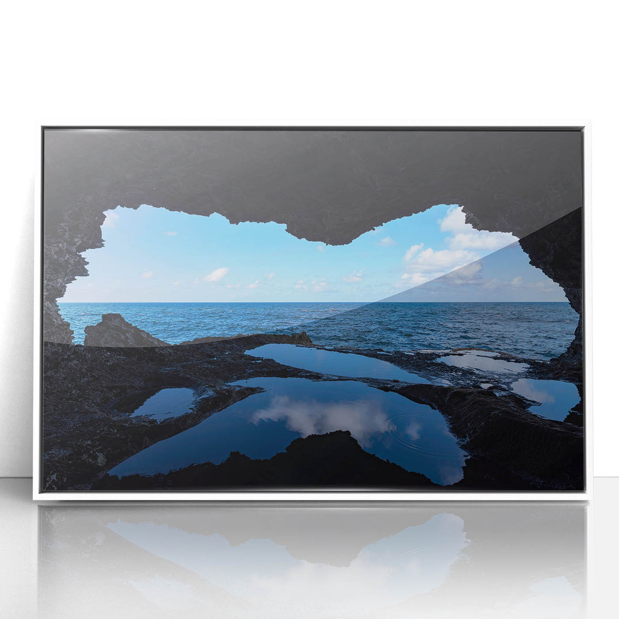 Mid-century modernist art depicting a Caribbean Barbados scenery in muted tropical hues on a framed acrylic print.