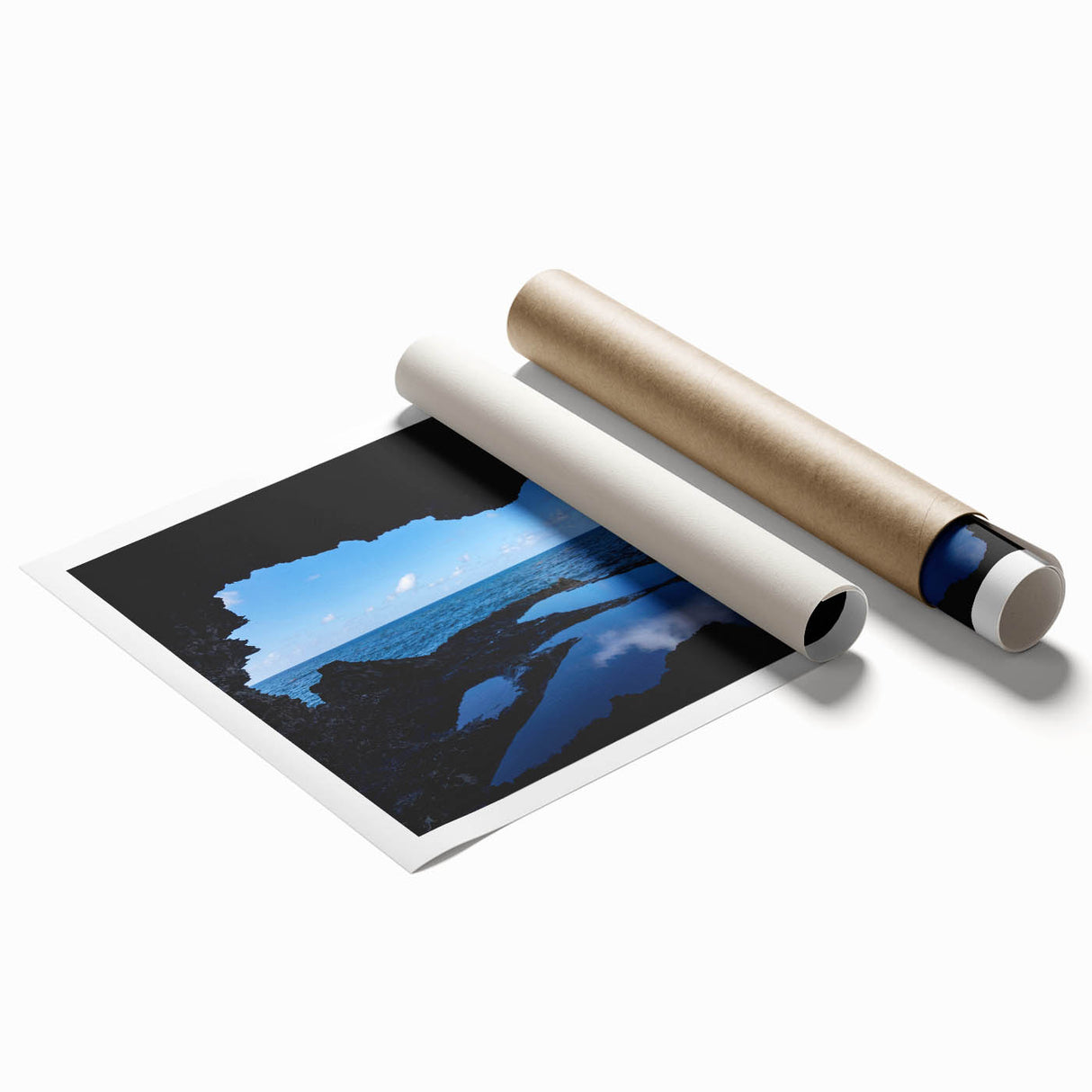 Extra large rolled print of a serene Barbados beach scene with soft blue and sandy tones, ideal for classy bathroom wall art.