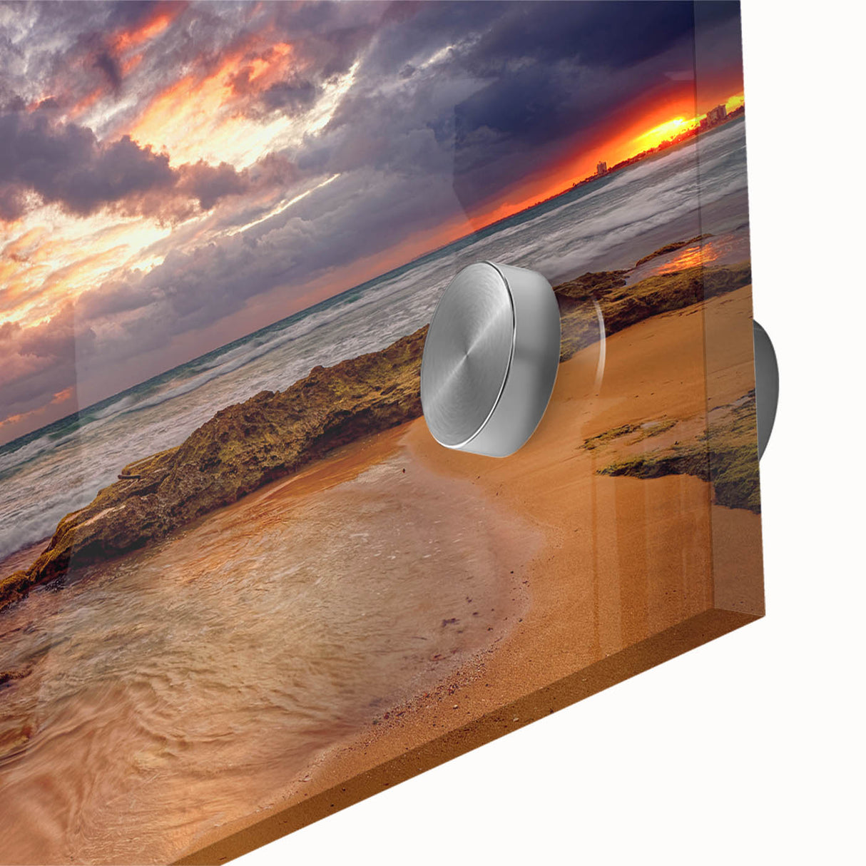 Large abstract wall art depicting a Caribbean scene in vibrant blues and greens on acrylic glass.