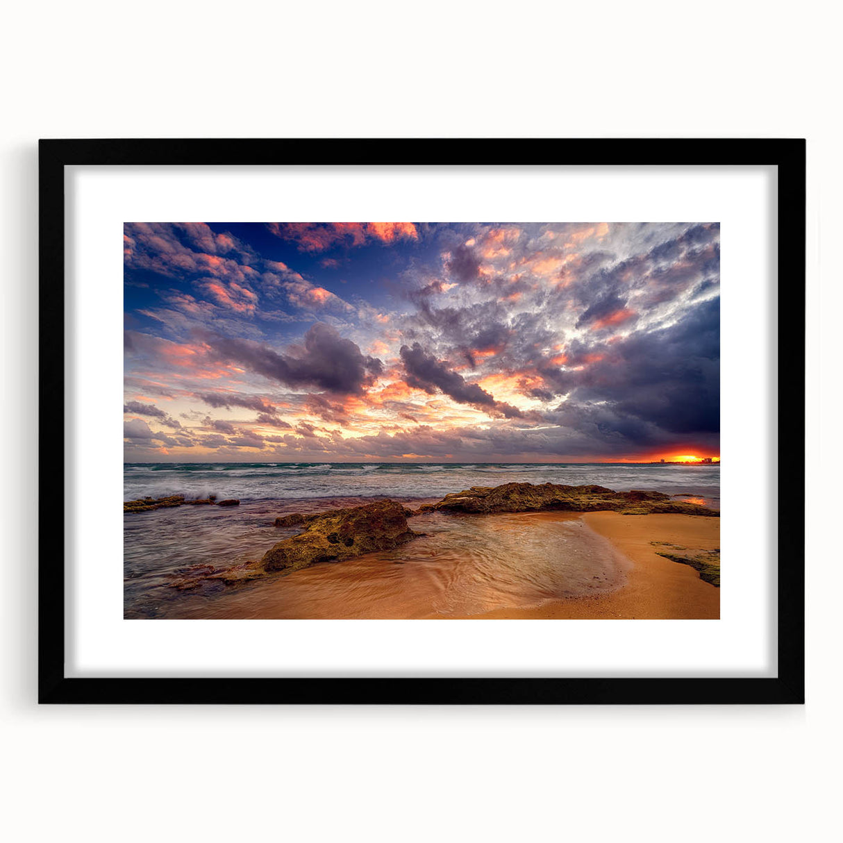 Extra large abstract art print featuring a vibrant, colorful depiction of a Caribbean scenery on a textured canvas.