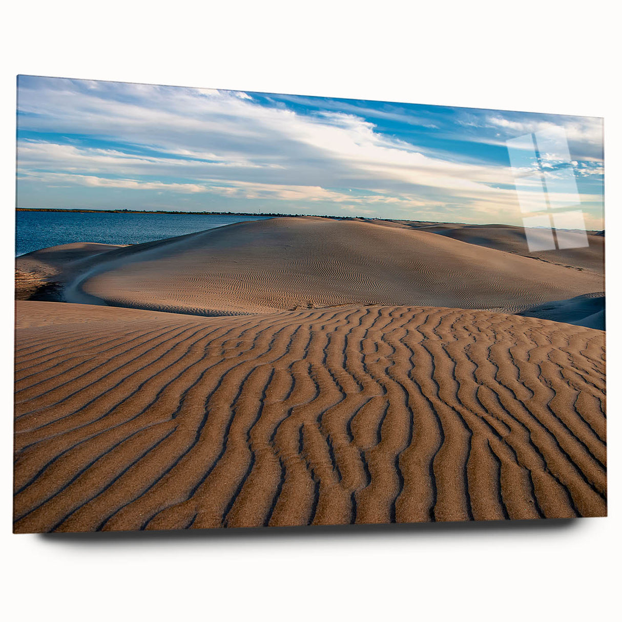 Large abstract wall art depicting Baja California scenery in muted earth tones on acrylic glass.