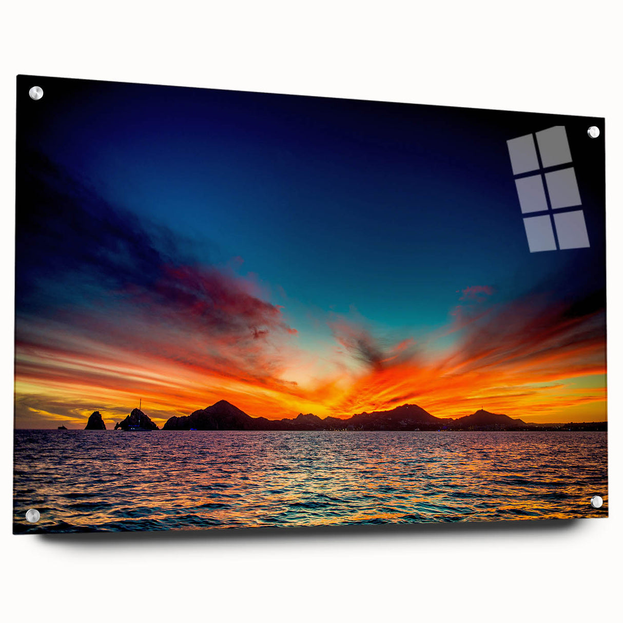 Acrylic print of Cabo San Lucas scenery with vivid blue and green tones, ideal for dining room decor.