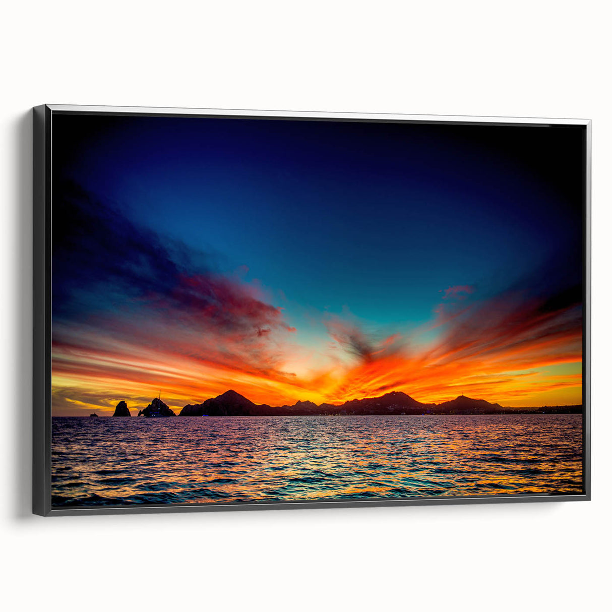Black and white framed canvas of Cabo San Lucas landscape, ideal for bedroom wall decor.