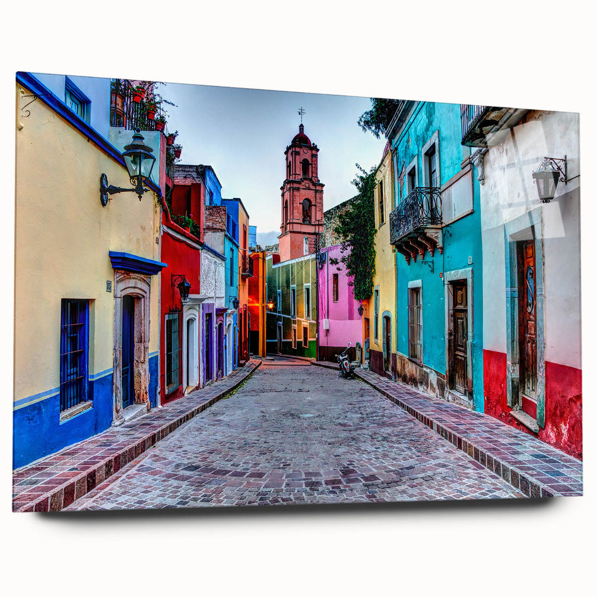 Large abstract wall art of Guanajuato, Mexico, in vibrant colors on acrylic glass, ideal for bedroom or dining room decor.