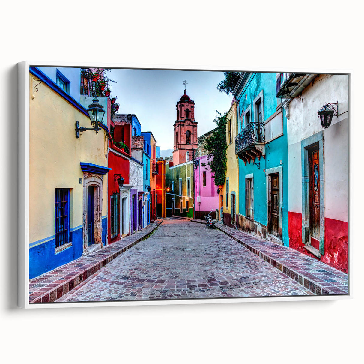 Framed canvas vintage poster art of Guanajuato, Mexico, featuring colorful buildings, ideal for living room decor.