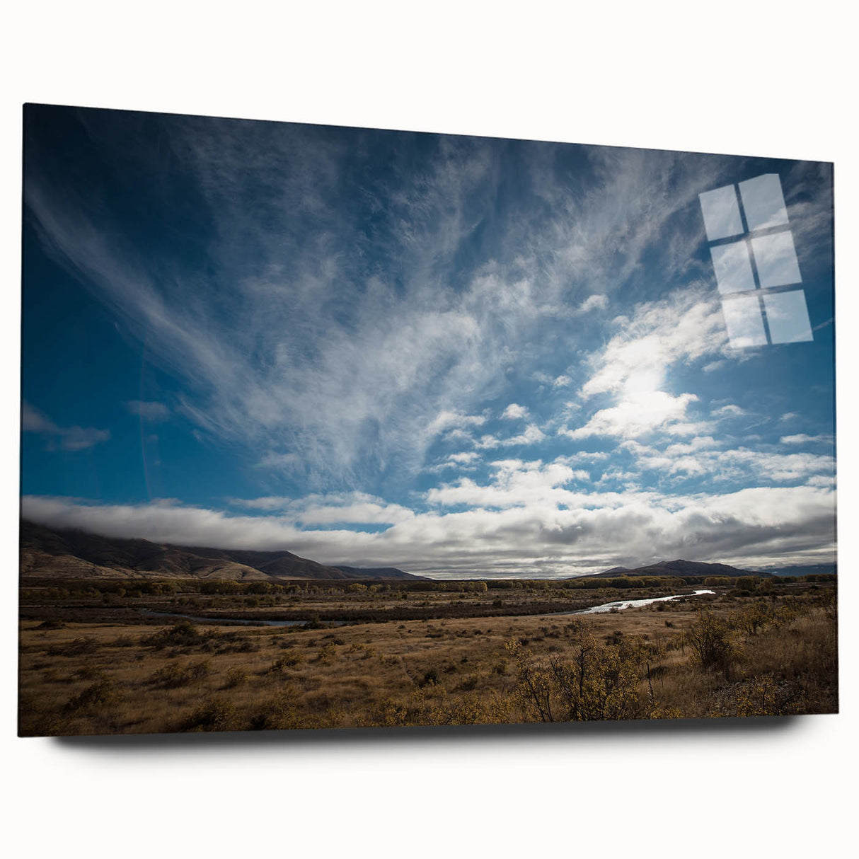 Large abstract wall art of Otago, New Zealand scenery on acrylic glass, featuring cool blue and green tones.