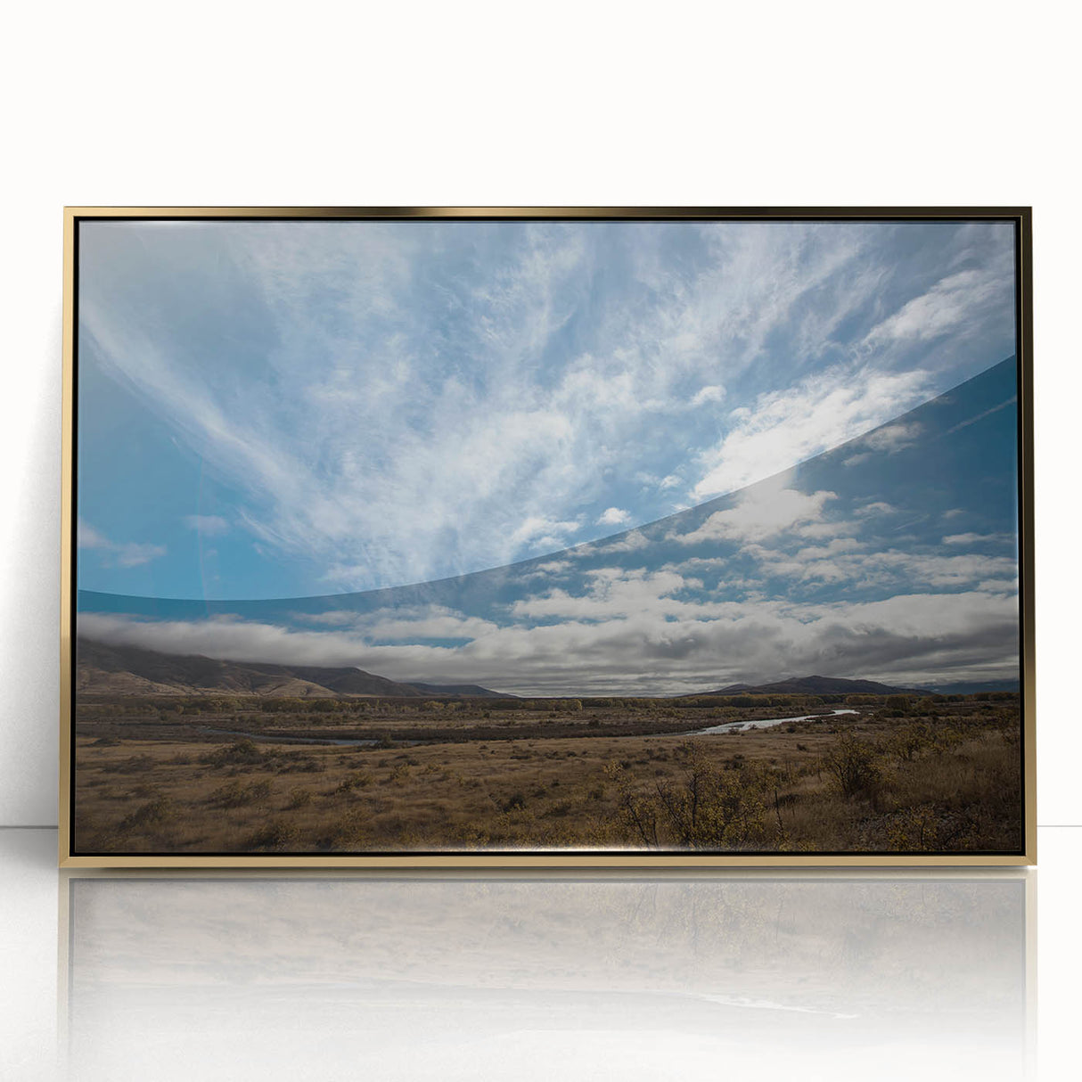 Mid-century modernist art of Otago, New Zealand landscape in gold frame, acrylic print, suited for modern decor.