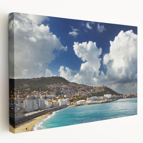 Large stretched canvas featuring an Algerian scenery in muted earth tones, ideal for kitchen wall art.