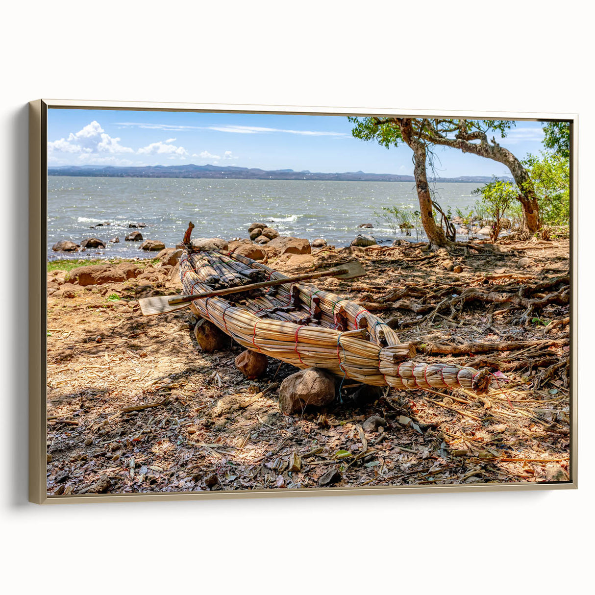 Framed canvas depicting an Ethiopian landscape with vivid colors and vintage poster style.