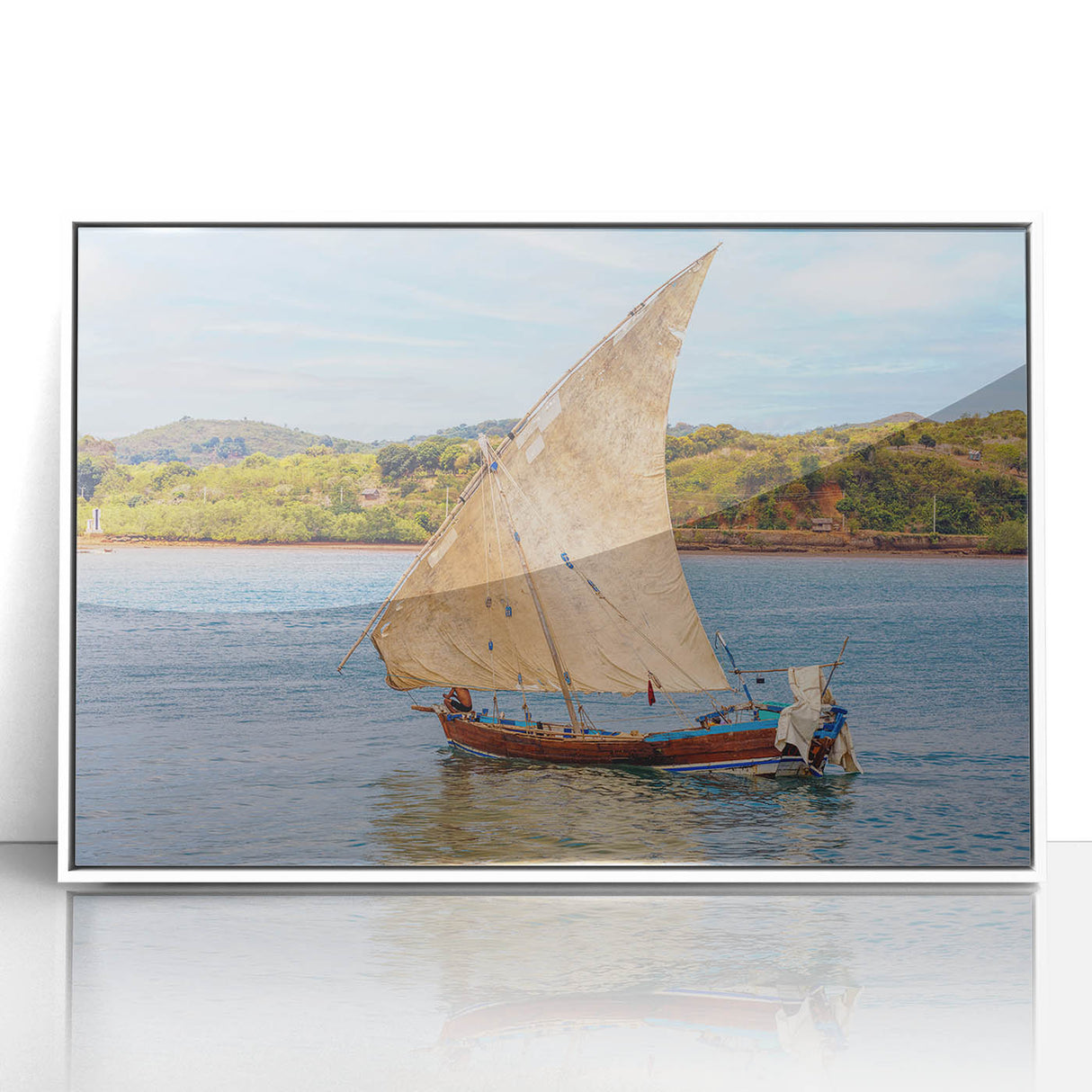 Large art print of a Madagascar landscape in mid-century modernist style, acrylic framed, with muted earth tones.