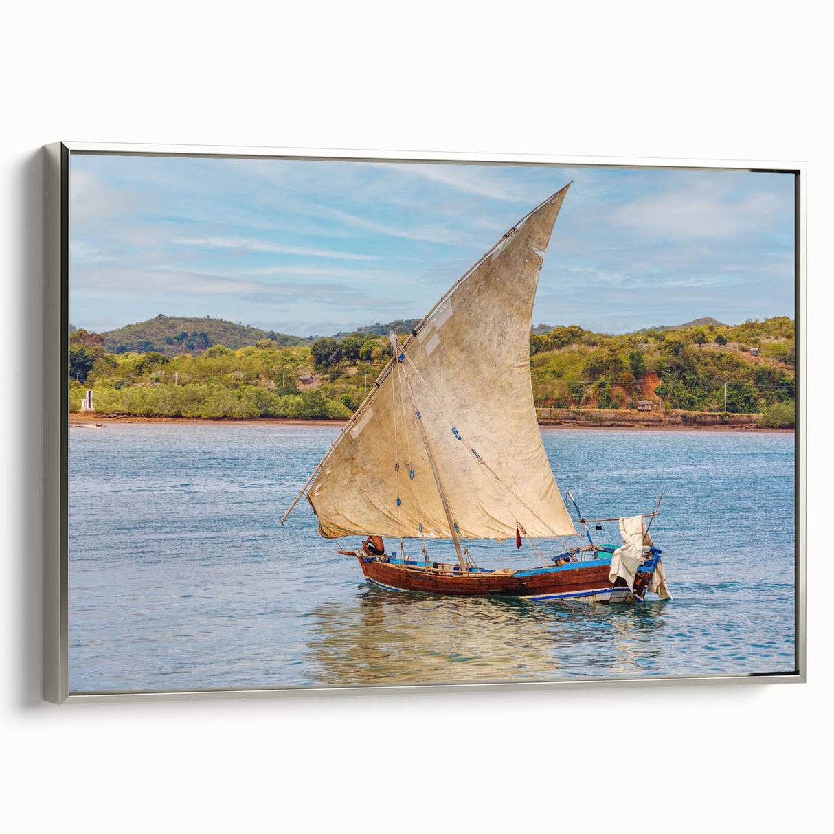 Vintage poster art of a Madagascar scenery on a framed canvas, featuring vibrant colors, ideal for living room decor.