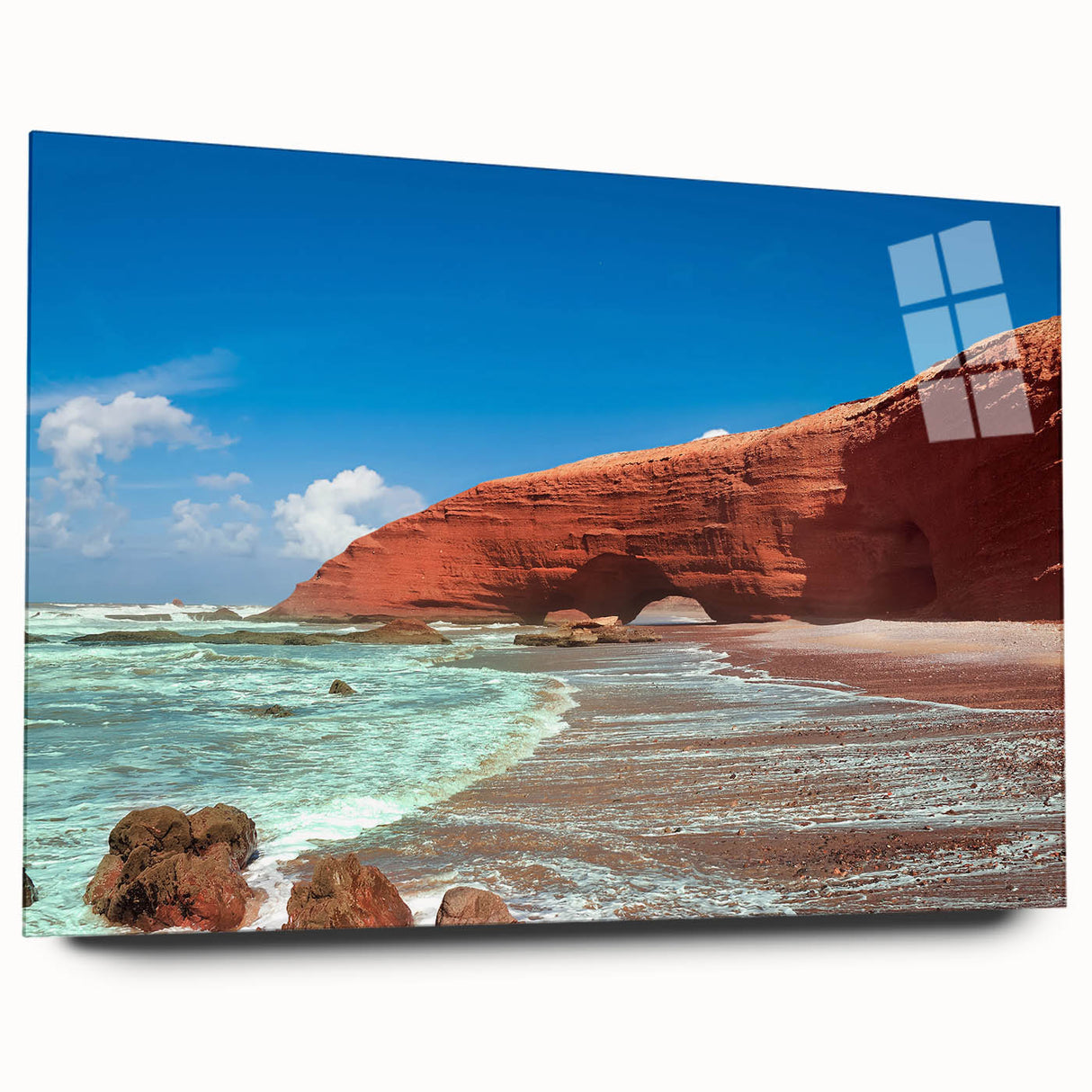 Large abstract wall art of Moroccan scenery in muted earth tones on acrylic glass, ideal for bedroom or dining room decor.