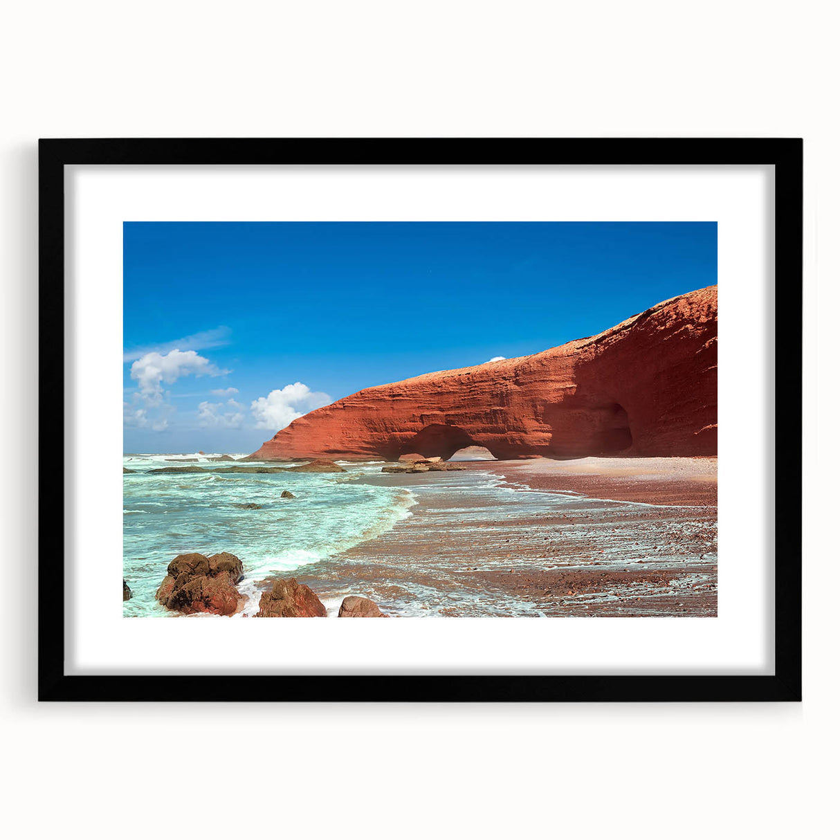 Extra large abstract art print depicting colorful, textured Moroccan scenery on a black framed canvas.