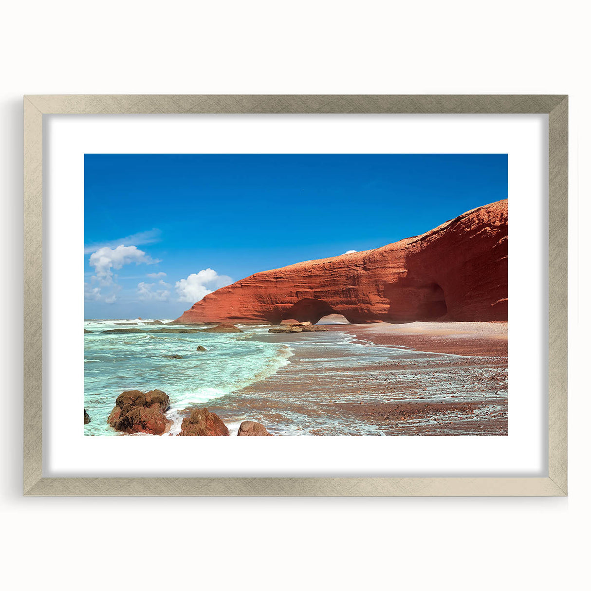 Abstract art print of a Moroccan landscape in muted earth tones on a framed silver mat, suitable for dining room decor.