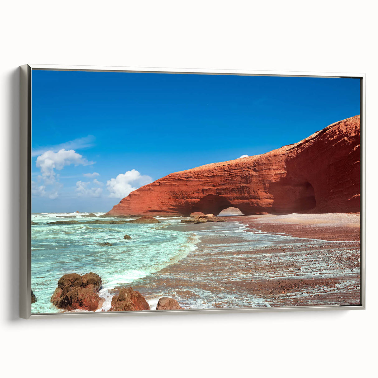 Vintage poster art of a Moroccan landscape on a framed canvas, featuring a black border with vibrant, colorful details.