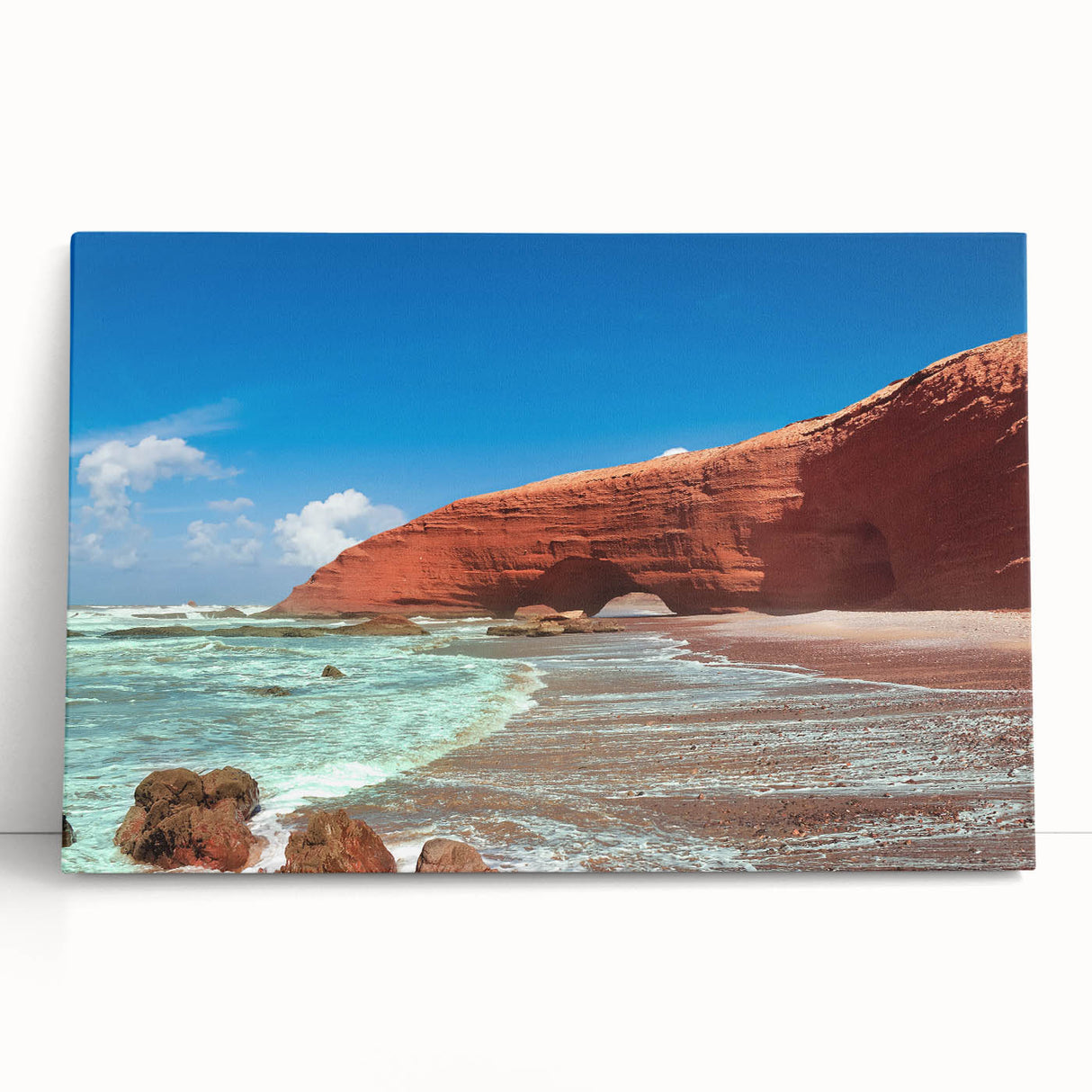 Large black and white photograph on stretched canvas featuring a Moroccan landscape.