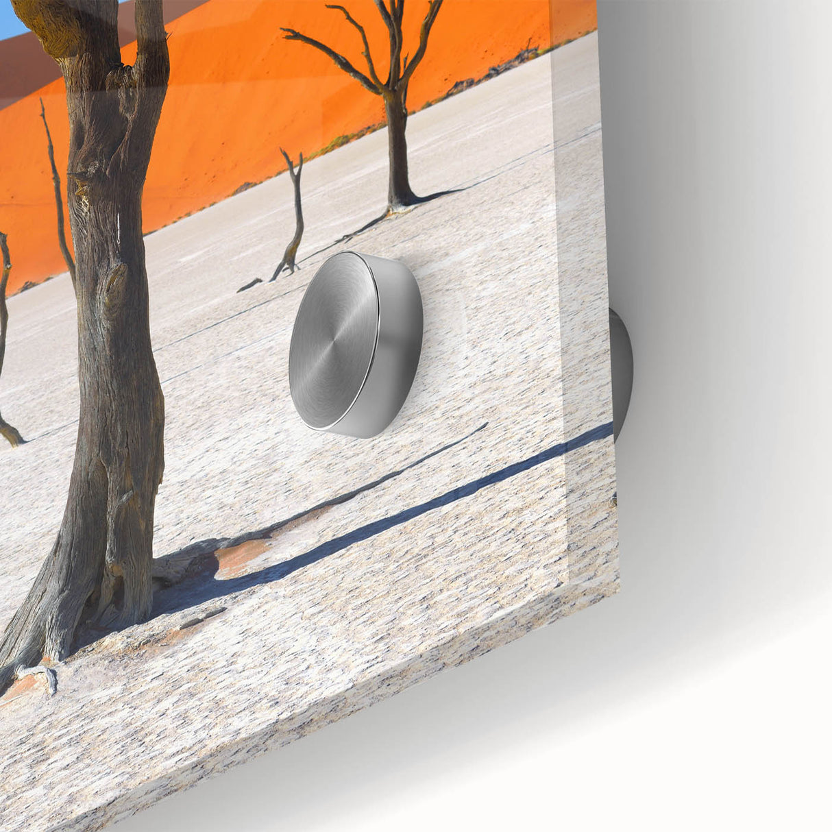 Large abstract wall art depicting the Namibian desert in muted earth tones on acrylic glass.