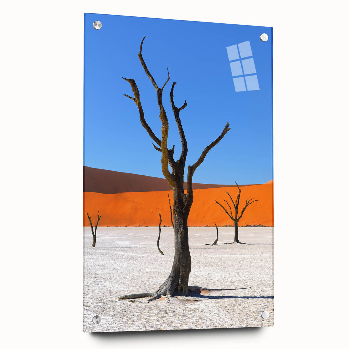 Acrylic print of a Namibian landscape featuring expansive deserts and blue skies, suitable for bedroom or dining room decor.