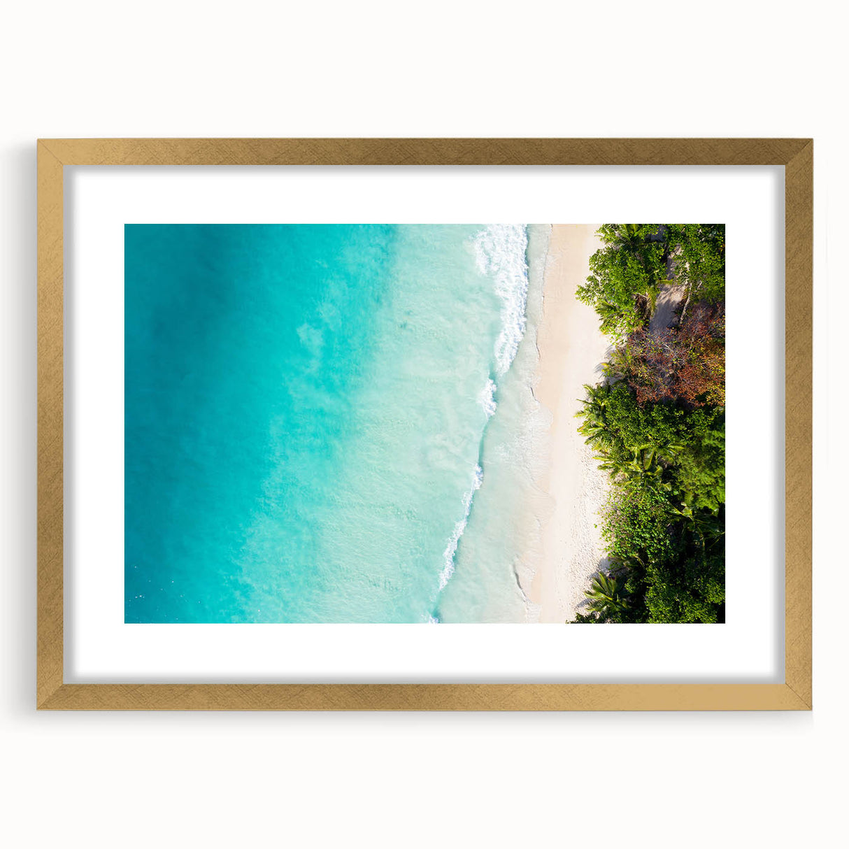 Extra large abstract art print of Seychelles scenery, in gold frame with mat, featuring textured earth tones.