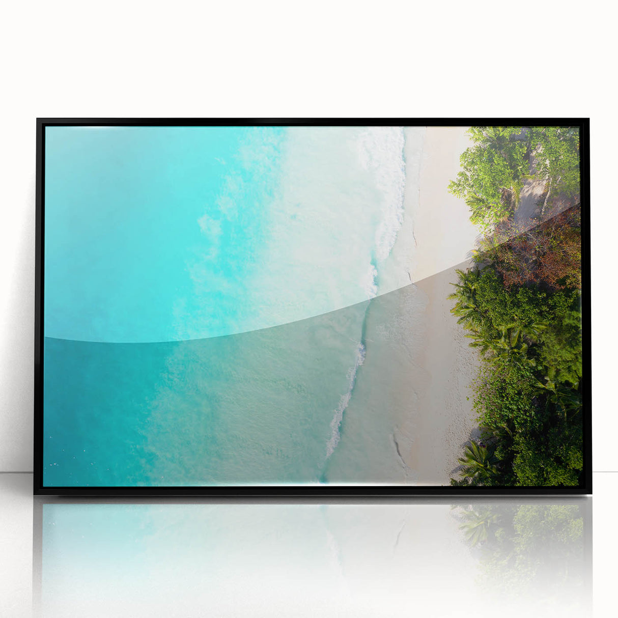 Large abstract wall art depicting a vibrant Seychelles landscape on a framed acrylic, ideal for modern living room decor.