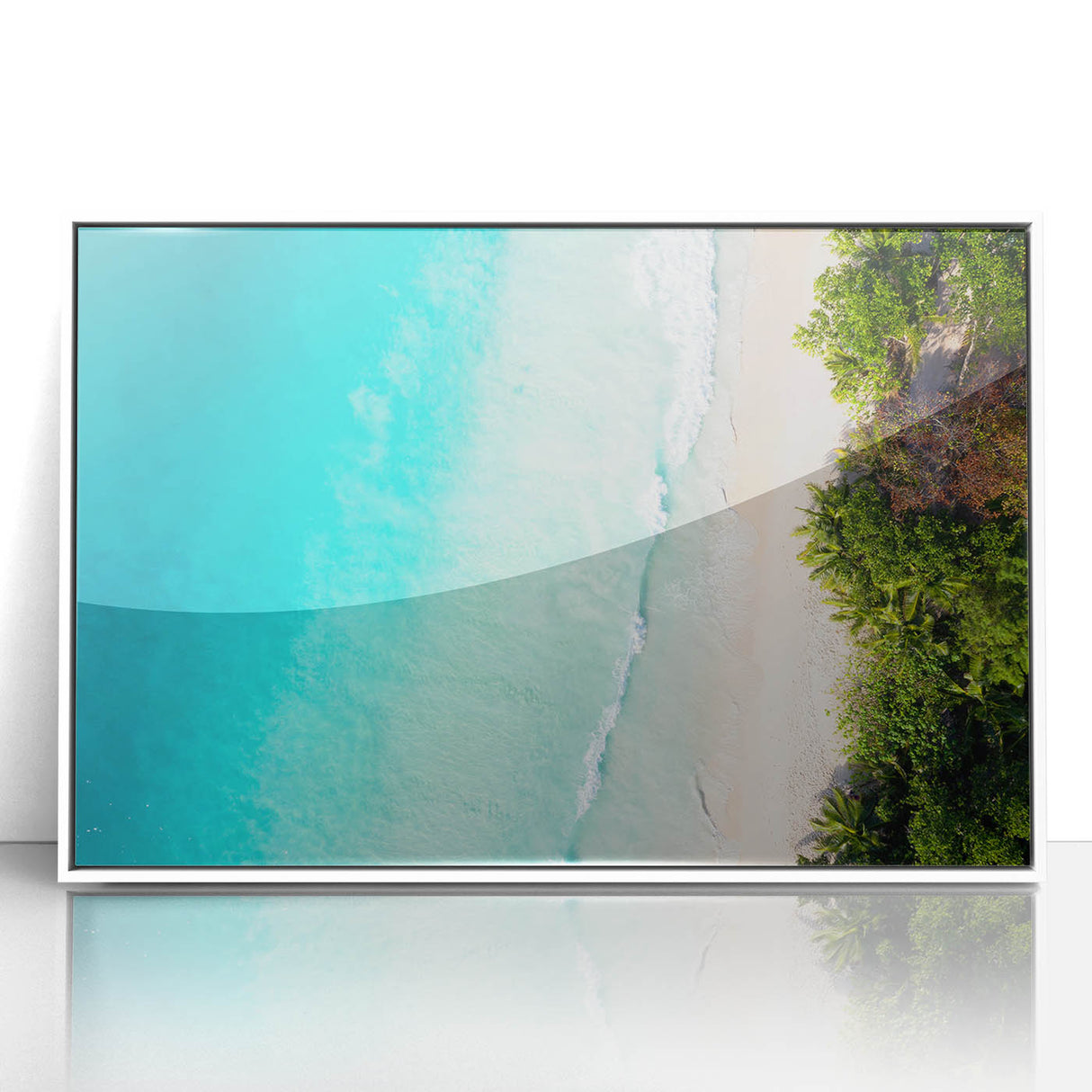 Acrylic print of a Seychelles landscape with vibrant blue and green hues, framed in white.