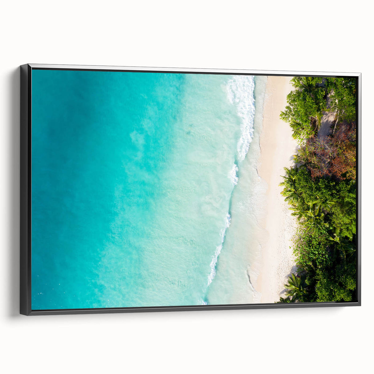 Black and white landscape art of Seychelles on framed canvas, ideal for bedroom wall decor.