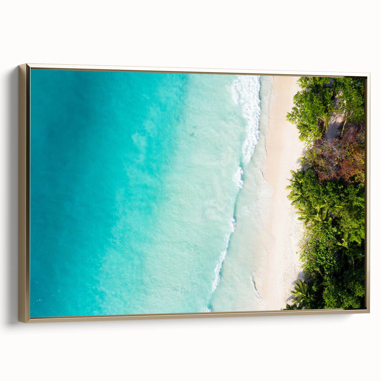 Framed canvas depicting a serene Seychelles landscape in muted earth tones, ideal for bedroom wall art.