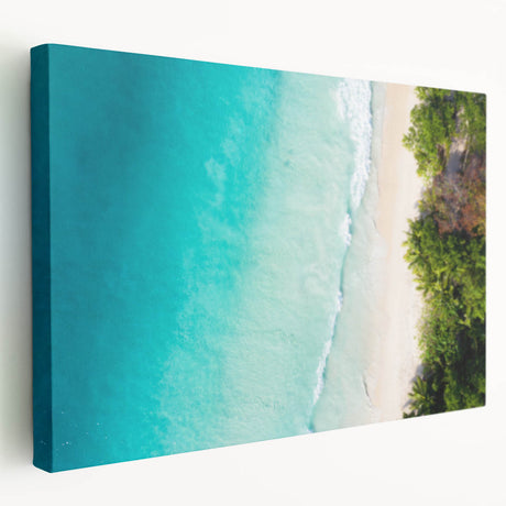 Large stretched canvas featuring a serene Seychelles beach scene in soft blue and green tones, suitable for kitchen wall art.