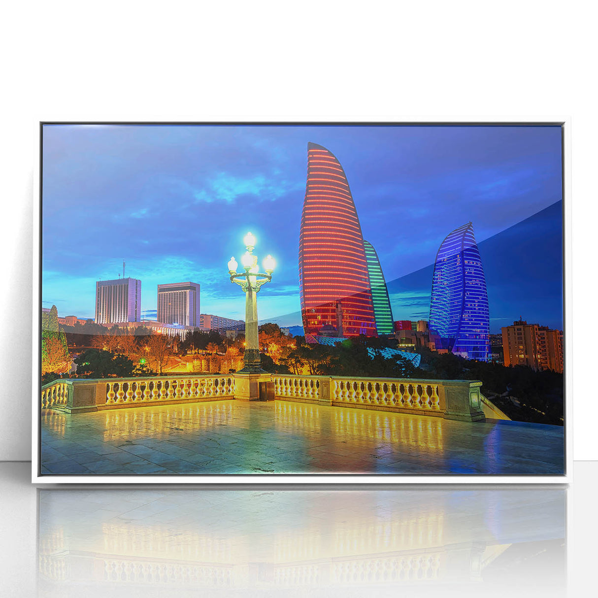 Art deco poster of an Asian landscape in muted green and blue tones, acrylic print framed in white.