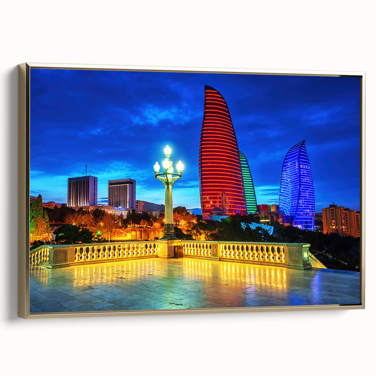 Framed canvas featuring a vintage-style landscape painting of Azerbaijan with muted gold and black tones.