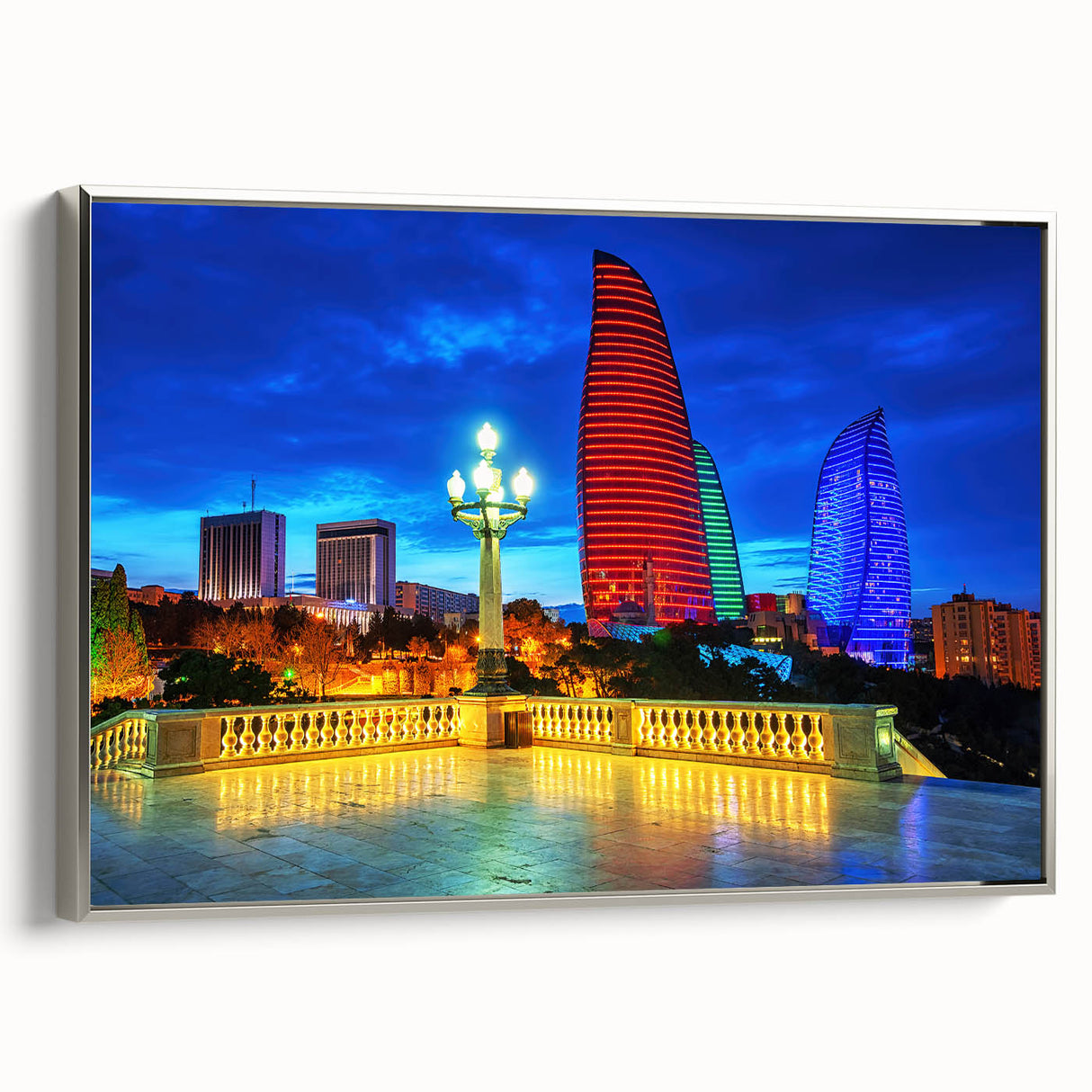 Landscape art painting of a serene Azerbaijani scenery in colorful art tones on a framed canvas, ideal for living room decor.