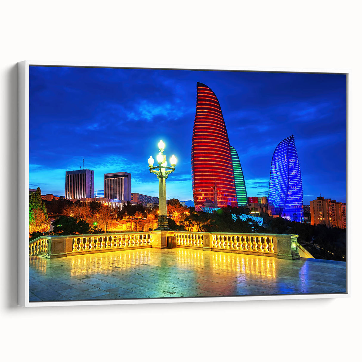 Vintage poster art of an Azerbaijan landscape on framed canvas, featuring colorful art in extra large size.