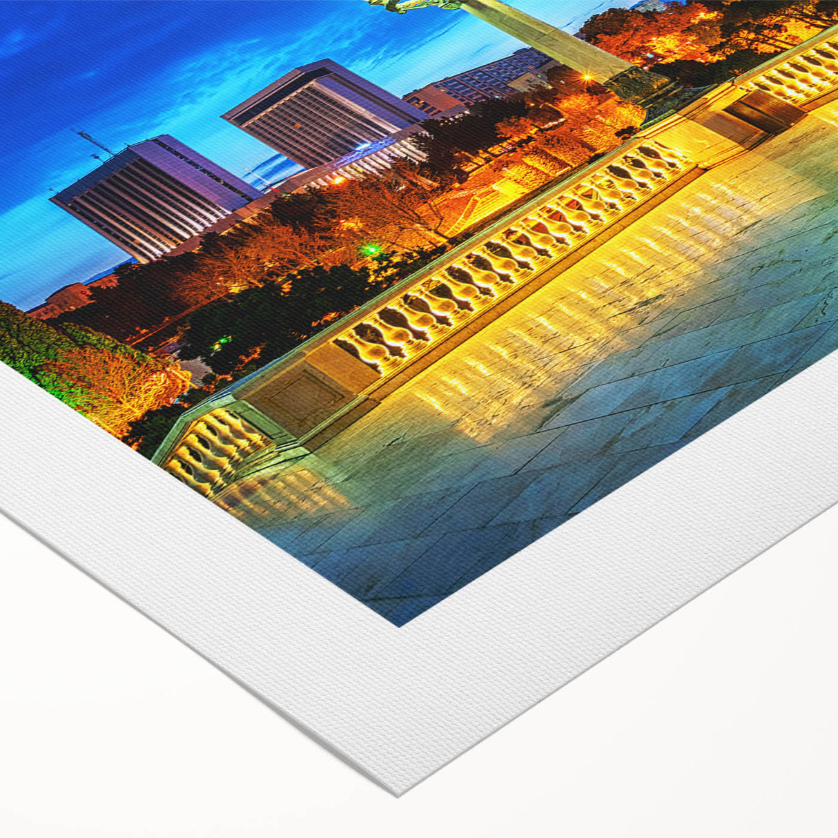 Art deco poster featuring a stylized skyline of Baku, Azerbaijan in muted gold and navy tones on rolled canvas.