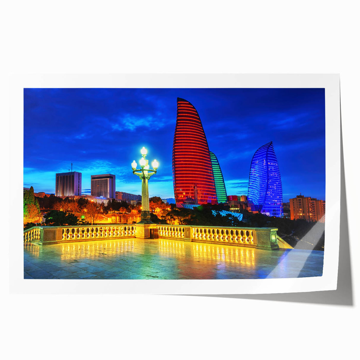 Extra large rolled print of Asian scenery with vibrant floral elements, ideal for art wall dining room.