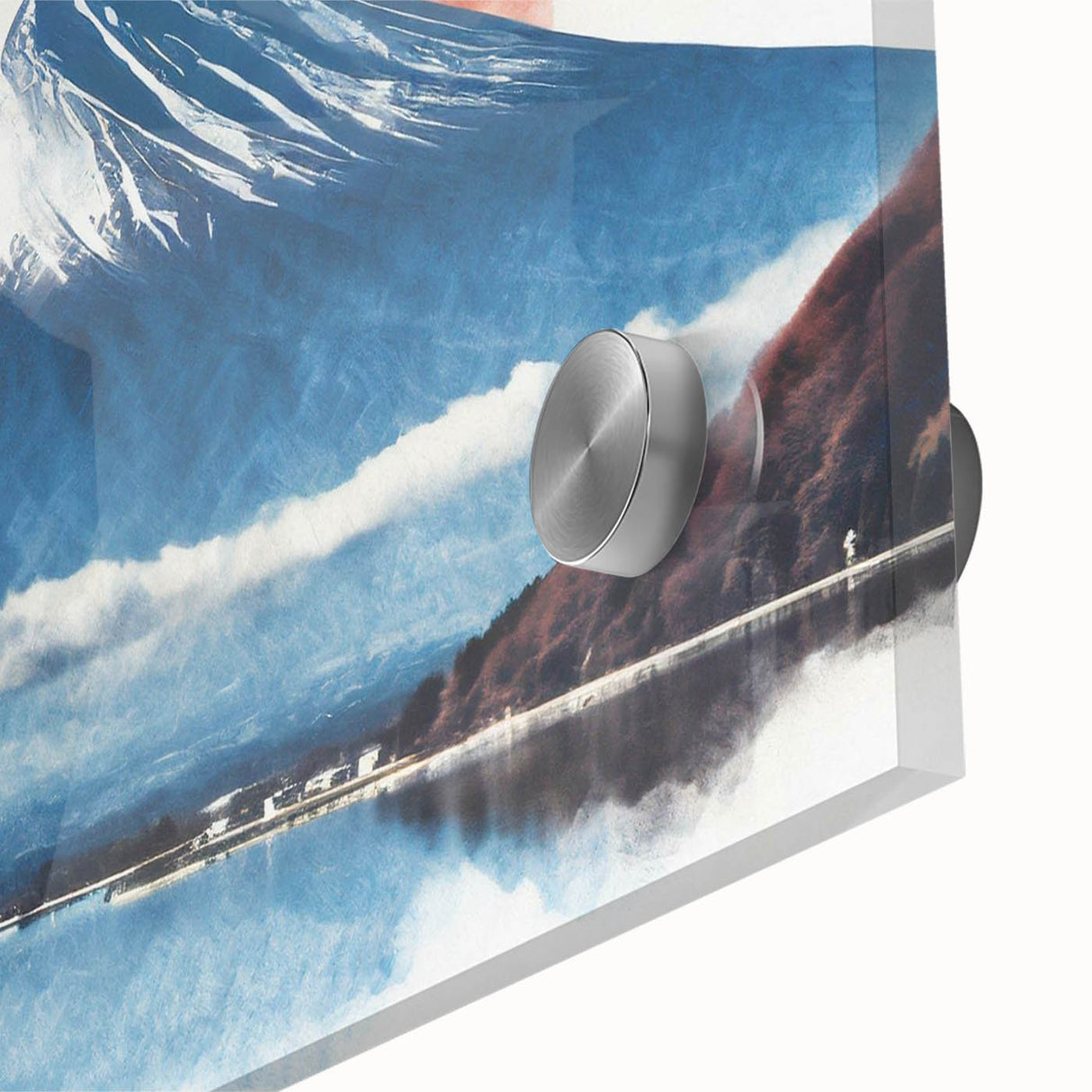 Large abstract depiction of Mount Fuji in muted blue and white tones on acrylic glass, ideal for dining room art.